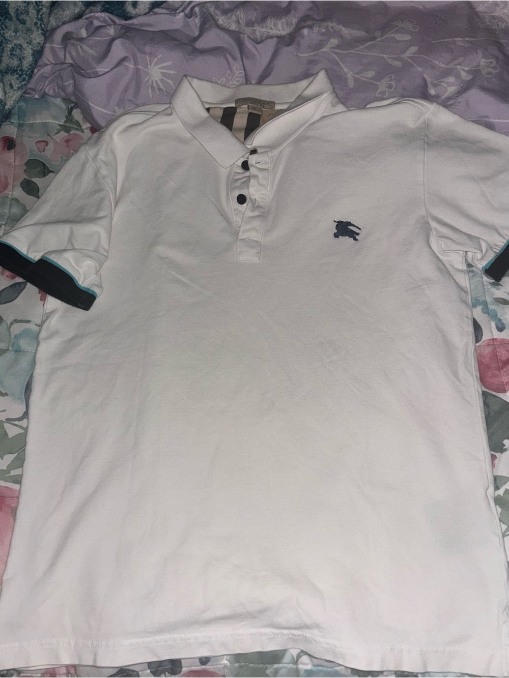 Burberry White Polo with Navy Embroidered Logo and Black/Teal Sleeve Trim